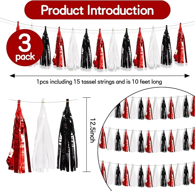 BEISHIDA 3 Packs Red Black White Metallic Foil Fringe Tassel Garland, Tassels Banner Streamers for Car Floats Bridal/Baby Shower Birthday Wedding Halloween Christmas Holiday Party Decoration