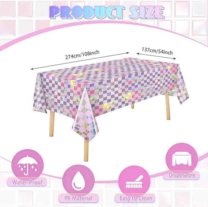 3-Pack Vibrant Pink Checkered Tablecloths, Holographic Glittering Disposable Plastic Tablecloths, 54 Inches x 108 Inches, Suitable for Picnics, Birthday Parties, Racing Theme Decorations