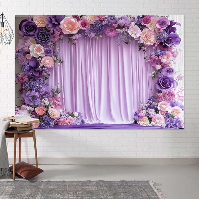 10X6.5ft Purple Flower Wall Background Photography Lavender Backdrop for Parties Wedding, Girls Birthday Princess Weeding Bridal Shower Purple Floral Anniversary Ceremony Decor.