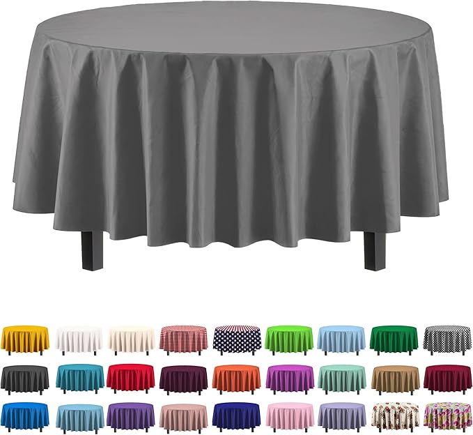 Exquisite 12-Pack Premium Plastic Tablecloth 84in. Round Table Cover - Silver