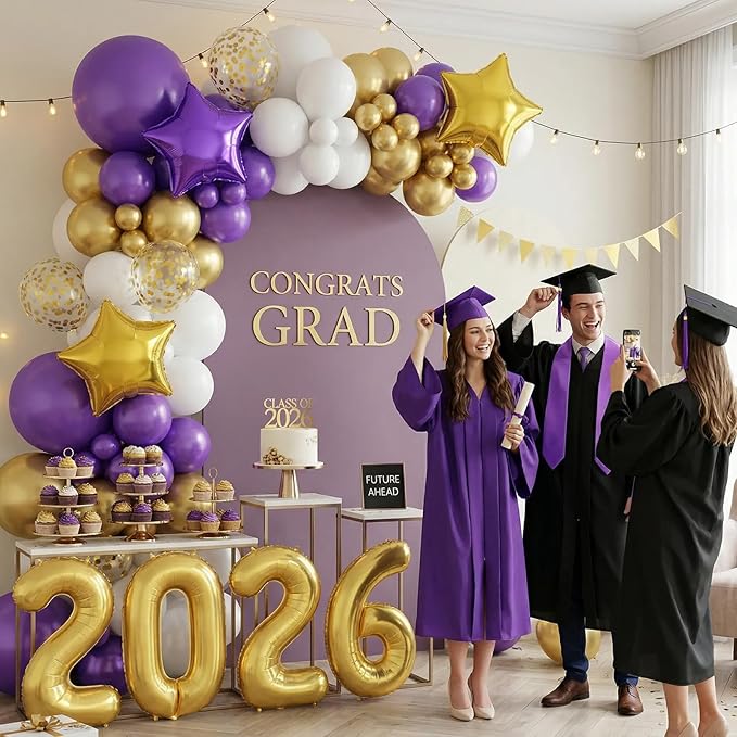 Purple Gold White Balloons Arch Kit, Purple White Balloons with Star Balloon Pennant Flag Bunting 2026 Foil Balloon Banner, Gold Confetti Balloon Garland for Class of 2026 Graduation Theme Party