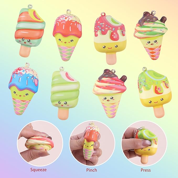 Anboor Mini Food Squishies Toys - 8pcs Soft Kawaii Ice Cream Popsicles Squeeze Stress Relief Sensory Toys for Kids, Slow-Rising Squishies Keychain Fidget Toys for Party Favors Goodie Bag Fillers