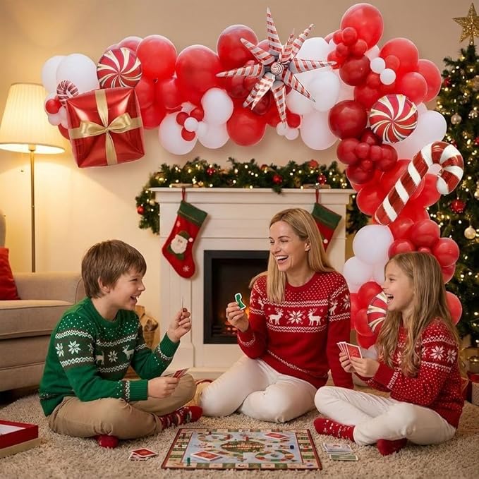 Christmas Party Decorations with Red and White Balloon Arch Kit & Star Candy Canes Lollipops Gift Boxe Foil Balloons for xmas Friendsmas New Year's Eve Party Decorations