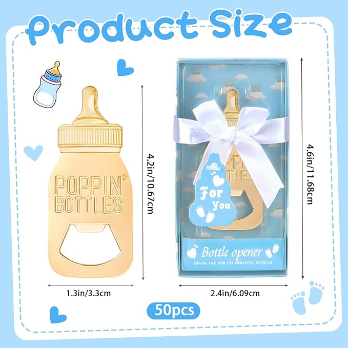 50Packs Poppin Bottle Openers for Baby Shower Favors,Gifts,Decorations and Souvenirs (Blue, 50)