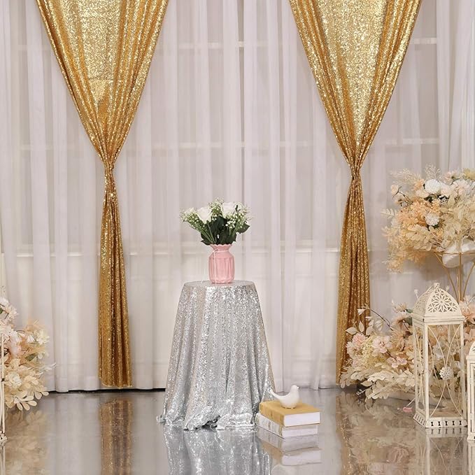 Juya Delight 2ft x 8ft x 2Pcs New Gold Sequin Photography Backdrop Curtain for Party Banquet Festival Wedding Anniversary Exhibition