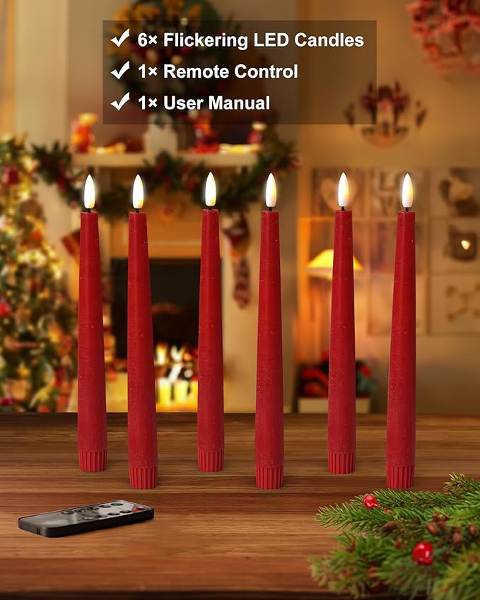 Red Real Wax LED Flameless Taper Candles with Remote and Timer, 9.65 Inch Flameless Candlesticks, Dripless Battery Operated Candles with 3D Flickering Flame - Set of 6