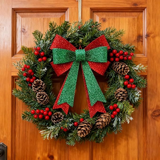 Metal Sparkly Christmas Red Bow Wall Decoration Hanging Xmas Red Bow for Wreath Christmas Tree Topper Ornaments Outdoor Indoor Christmas Decorations for Party Front Door Porch Home