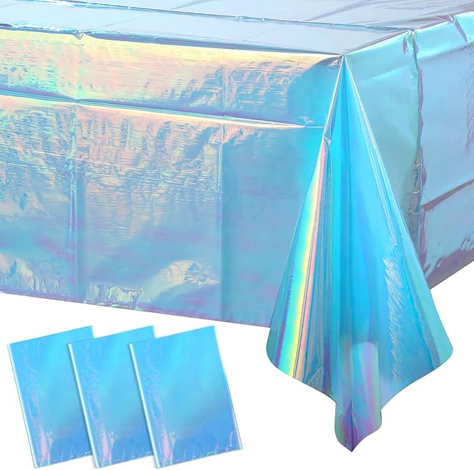 3 Pack Iridescent Blue Plastic Tablecloth, Shiny Blue Disposable Laser Rectangle Table Covers, Blue Holographic Foil Tablecloth Party Decorations for Birthday Bridal Wedding Christmas, 40 x 108 Inch