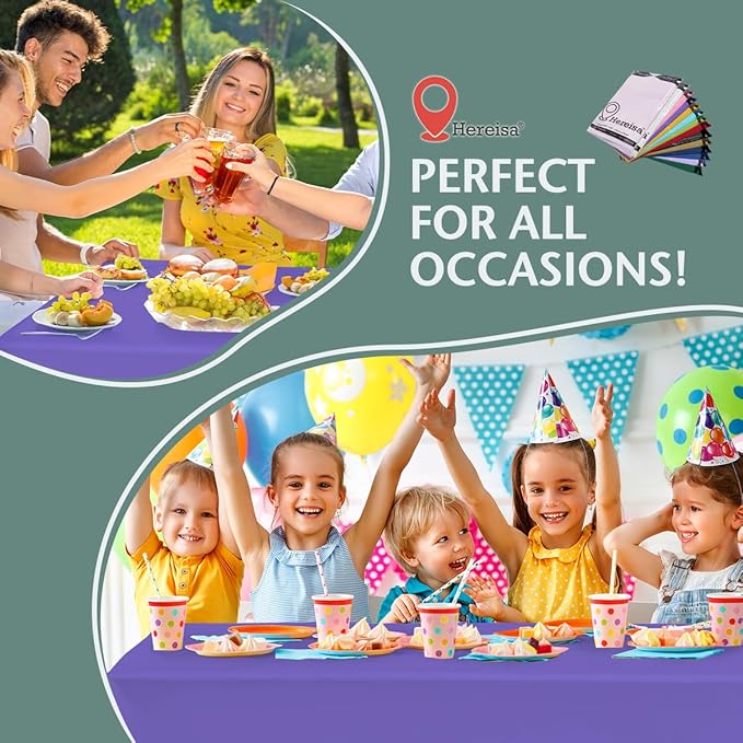 Disposable Plastic Tablecloth 54x108 Inch Rectangle - Purple, 4 Pack Waterproof & Tear-Resistant Party Table Cover for Dining, Picnic, Crafts, Holiday Decor