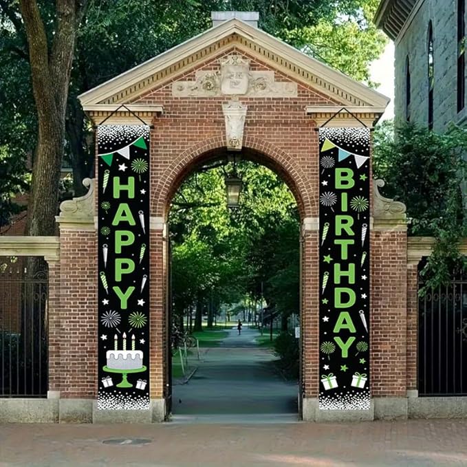 12x71 inch birthday porch banner suitable for indoor outdoor birthday party decoration, featuring green and black design, fireworks candle gifts, durable fabric, suitable for terraces