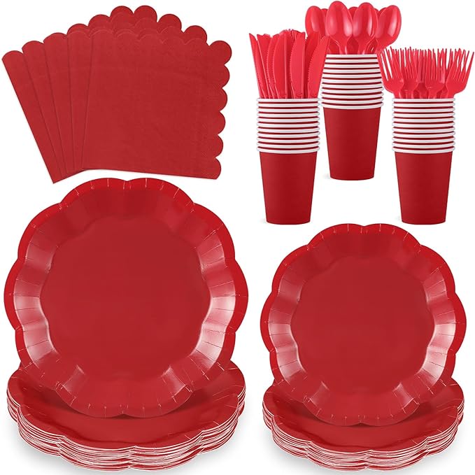 175 Pcs Red Paper Plates and Napkins Set Include 9" Dinner Plates, 7" Dessert Plate Disposable Scalloped Tableware Serve 25 Guest for Wedding Baby Shower Bridal Shower Birthday Mother's Day