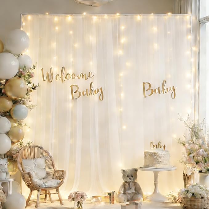 Ivory Tulle Backdrop Curtain with Lights Strings, Elegant Sheer Photo Backdrop Drapes 2 Panels, Soft Fabric Curtain for Weddings Brithday Baby Shower Parties Photography Background Decor,10ftx8ft