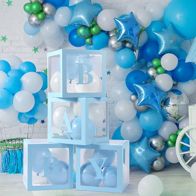 Baby Boxes with Letters for Baby Shower, 4 Transparent Balloon Boxes with Letters for Gender Reveal Birthday Wedding Baby Shower Decorations (Blue)