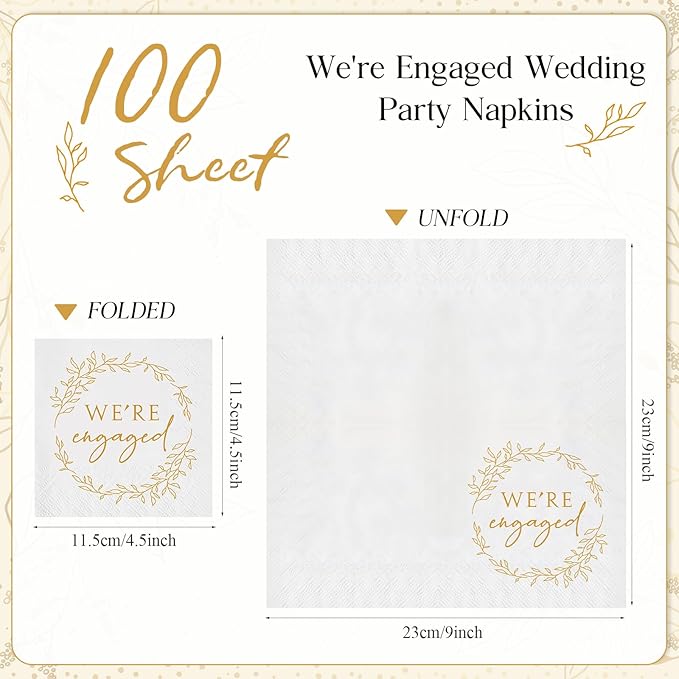 Kosiz 100 Pack We're Engaged Napkins Gift 3 Ply Disposable Paper Engagement Cocktail Napkins for Wedding Party Beverage Dinners Cake Tableware Decorations, 4.5 x 4.5 Inch