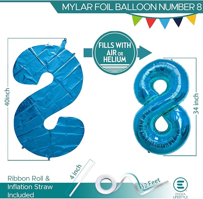 40 Inch Large Blue Number Celebration and Decoration Balloon for Birthday Parties, Graduations, Anniversaries, Weddings, Photo Shoots, Special Events - Helium Foil Mylar (Blue Number 8)