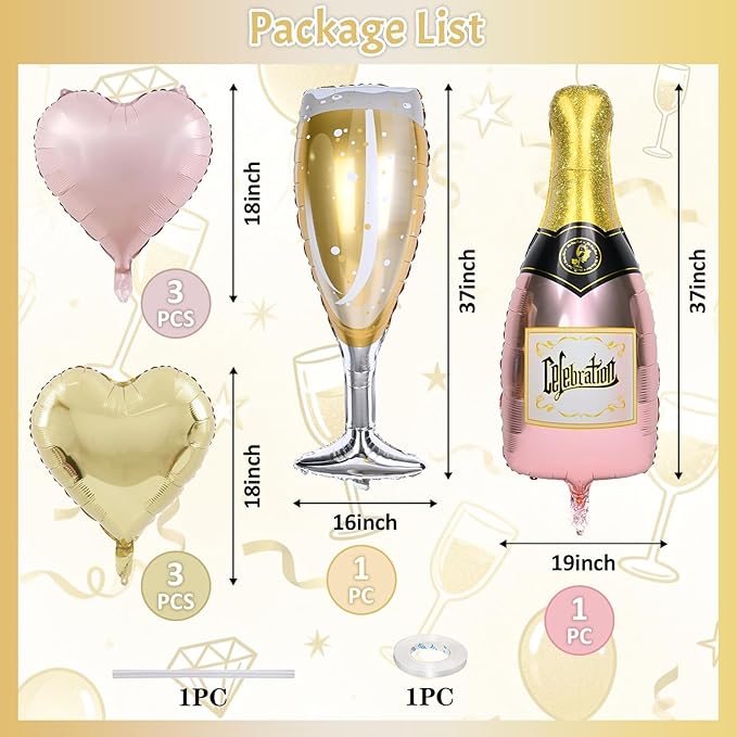 Champagne Balloons, Bachelorette Party Balloons with Champagne Bottle Glass Foil Mylar Balloon Baby Pink Gold Heart Shaped Balloon for Engagement Birthday Bridal Shower Wedding Anniversary Decorations