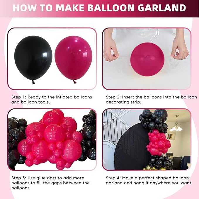 Hot Pink and Black Balloon Arch Kit, Hot Pink Black Balloon Garland Kit, Rose Red Black Latex Balloons Different Sizes for Women's Birthday Decorations Wedding Baby Shower Engagement Party Supplies