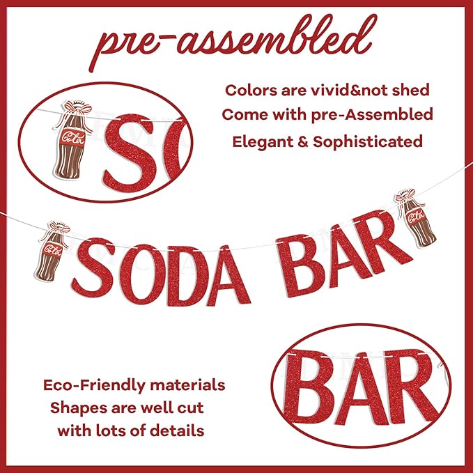 Soda Bar Banner - She's Ready to Pop Baby Shower Decor, Soda Pop Theme Birthday Bridal Shower Party Decorations Red Glitter