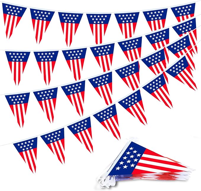 32.8 ft American Triangle Pennant Banner, 30 Pcs Mini USA Bunting Flags | Red, White, Blue Patriotic Flags for 4th of July, Independence Day, Memorial Day, Parades, Home, Yard, and Party Decorations
