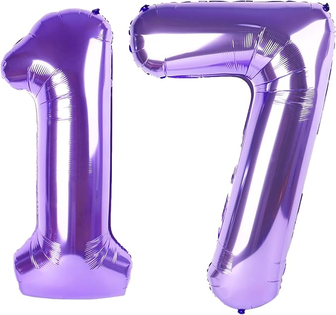 40 Inch Purple Number 17 Digital Balloon,Jumbo Mylar Foil Helium Balloon for 17 Balloons for Birthday Party,Wedding Anniversary Party Decorations