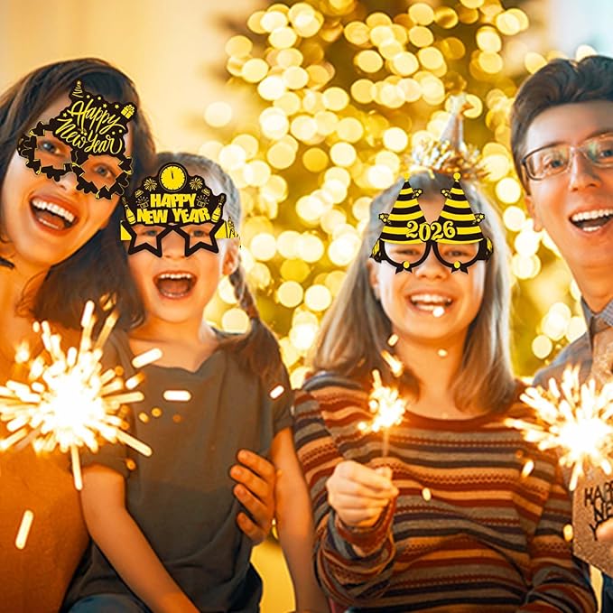 Happy 2026 New Years Glasses - Pack of 8, New Years Eve Party Supplies 2026, New Year Photo Booth Props (Black Gold)