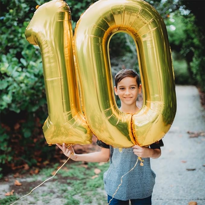 Gold 10th Birthday Balloons for Boys Girls, 40 Inch Big Gold Foil Number 1 and 0 Balloons Self Inflating Gold 10 Balloons Number for Men Women 10th Anniversary Party Decorations Supplies