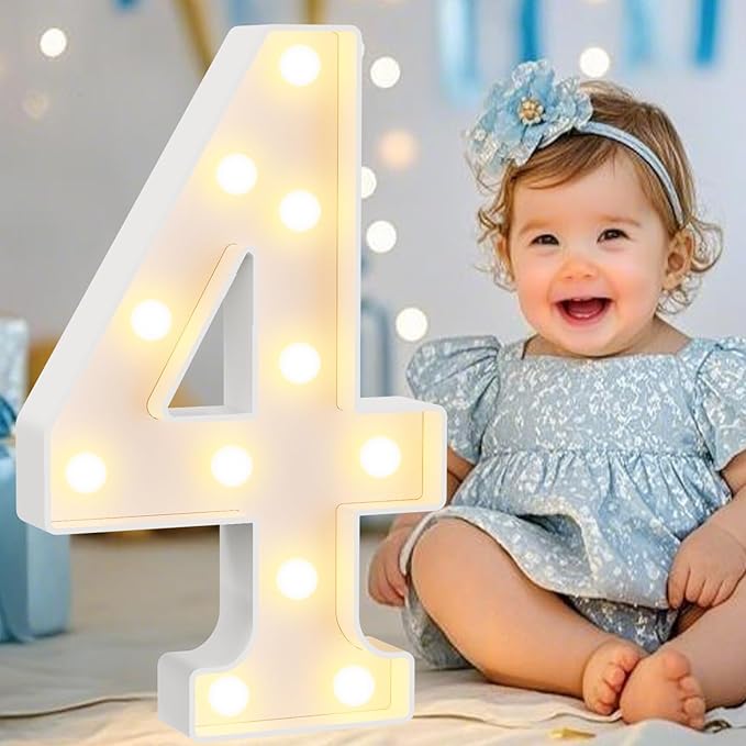 Pooqla Large Light Up Numbers for 4th Birthday Decorations, 12.6 in Tall White Plastic Marquee Numbers Sign Party Decorations, Gift for Girls Boys Night Light Wedding Anniversary Decor, Big Number 4