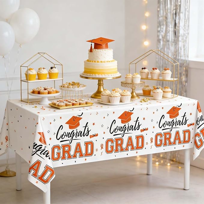 Oigco Graduation Decorations Class of 2026, 2 Pack Orange Graduation Tablecloths, Congrats Grad Plastic Table Cloths for Graduation Party Decorations, 54 x 108 Inch