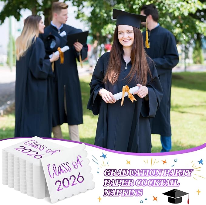 100 Pcs Class of 2026 Graduation Cocktail Napkins 5 x 5 Inch Congrats Grad Scalloped Paper Napkins for Dinner Beverage Graduate Decorations(Purple)
