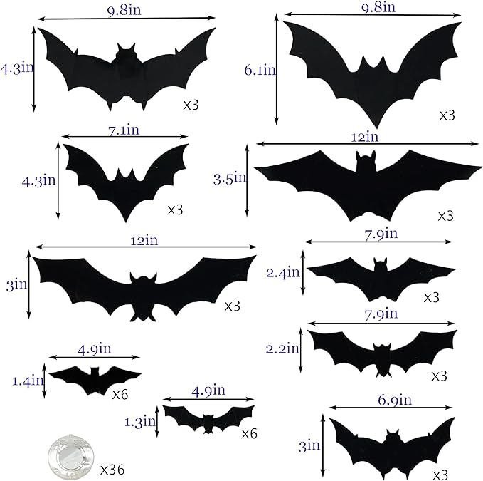 TW SHINE 36 Pcs Halloween Bats Wall Decor, Removable Lighted 3D Bats Wall Stickers Assorted Size, PVC Halloween Decorations for Indoor Outdoor Home Window Party Supplies