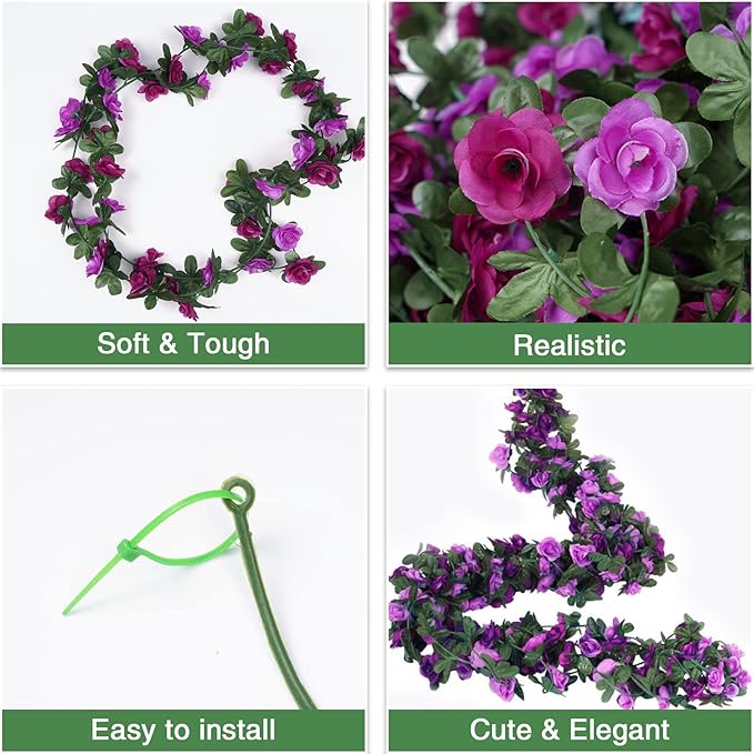 BLEUM CADE 5Pcs 41Ft Flower Garland Artificial Rose Vines with 32.8Ft String Lights, Cute Fake Hanging Flower Vines Floral Garland Decorations for Wedding Party Wall Room Decor Aesthetic