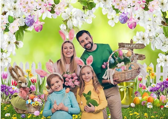 CYLYH 10x8FT Easter Photo Backdrop Spring Flowers Grass Backdrop Colored Egg Rabbit Backdrop for Easter Party Decoration Baby Shower D854