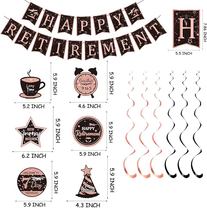 Happy Retirement Party Decorations Men Women, Rose Gold Retirement Party Decorations, Happy Banner, Backdrop, Hanging Swirls, Honeycomb Centerpiece