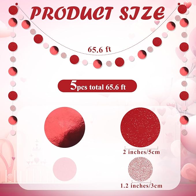 Outus 5 Pieces Red,Pink Round Dots Garland Easter Graduation Party Hanging Decor Each Length 13.1ft Glitter Paper Dot Streamers for Birthday Wedding Classroom