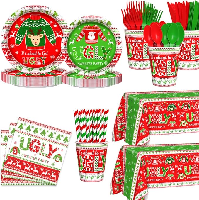 194pcs Christmas Ugly Sweater Decorations Xmas Disposable Dinnerware Set with Includes Plates, Cup, Napkin, Tablecloth, Tableware, New Year Ugly Sweater Party Supplies Plates Serve 24 Guests