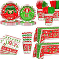 194pcs Christmas Ugly Sweater Decorations Xmas Disposable Dinnerware Set with Includes Plates, Cup, Napkin, Tablecloth, Tableware, New Year Ugly Sweater Party Supplies Plates Serve 24 Guests