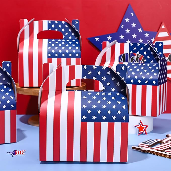 Whaline 12Pcs Patriotic Treat Box with Handle 4th of July American Flag Print Gift Boxes Independence Day Candy Goodie Boxes for Memorial Day Holiday Party Decorations