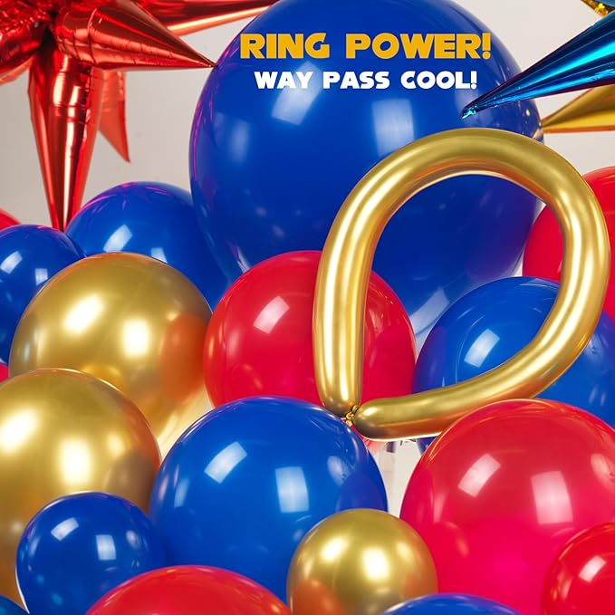 Kozee Red Blue Gold Balloon garland arch Kit 130 PCS chrome blue with foil Star diy long balloons for kid video game Cartoon Hedgehog theme birthday superhero gamer party decorations