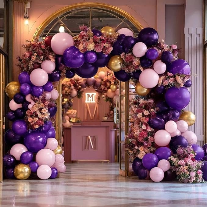 Purple and Gold Balloons Double Stuffed Royal Purple Pink Balloon Garland Kit with Artificial Flowers Balloon Arch for Sweet 16, Bridal Shower and Birthday Decoration