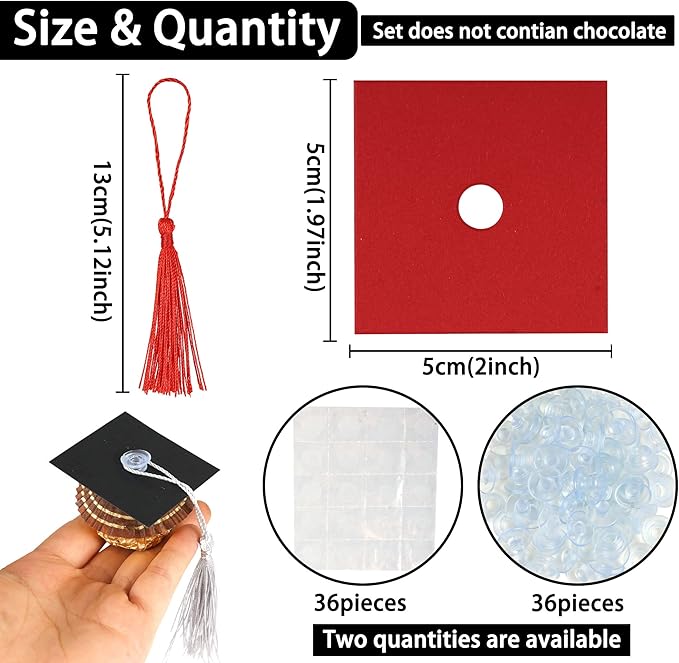 Gyufise 36Pcs 2026 Graduation Cap Cupcake Toppers with Tassel Adhesive Dots Chocolate Decorations Class of 2026 Congrats Grad Cap Cupcake Decorations for 2026 Graduation Theme Party Supplies Red