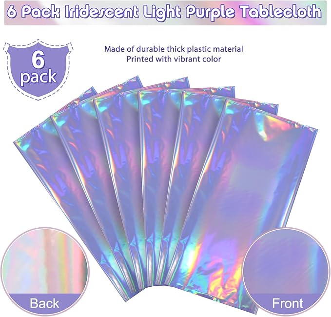 6 Pack Iridescent Light Purple Tablecloth for Parties, Pastel Purple Holographic Plastic Table Cover, Disposable Laser Purple Table Cloth for Birthday Wedding Baby Shower Party Decorations, 54x108Inch