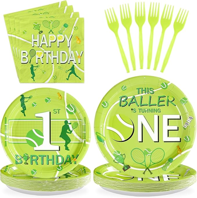 96Pcs Tennis Ball First Birthday Decorations Tennis Party Decorations Plates and Napkins 1st Tableware Set for Baby Boys Girls First Birthday Baby Baptism Party Supplies Serves 24