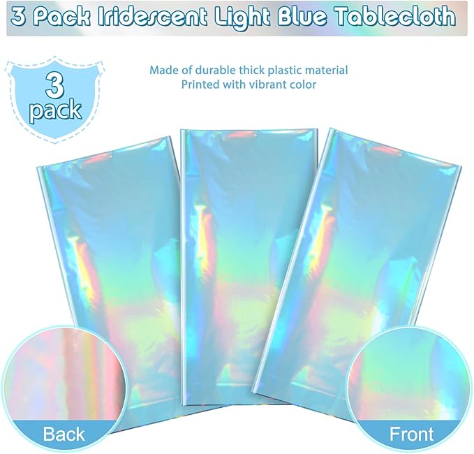 3 Pack Iridescent Light Blue Tablecloth for Parties, Pastel Blue Holographic Plastic Table Cover, Disposable Laser Baby Blue Table Cloth for Birthday Wedding Baby Shower Party Decorations, 54x108 Inch