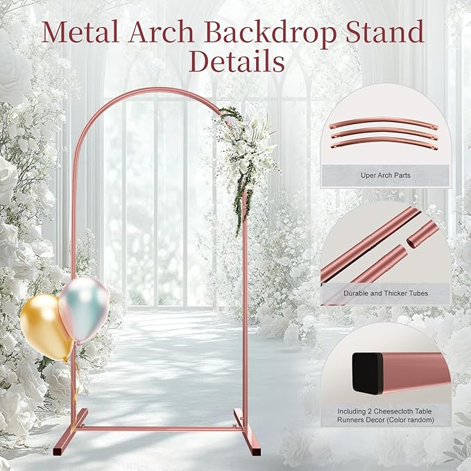Metal Arch Backdrop Stand Set of 3, Heavy-Duty Balloons Arch Frame for Wedding Ceremony, Party, Baby Shower, Birthday Decorations (Rose Gold, 7.2ft+6.6ft+6ft)