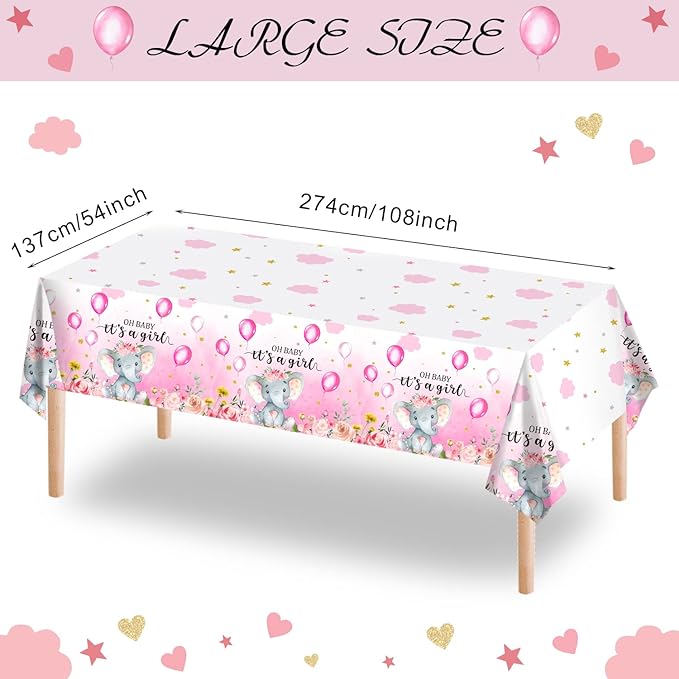 6 Pack Elephant Baby Shower Decorations - Plastic Tablecloth Table Cover Backdrop for Boy Girl Gender Party Supplies, 54 x 108 Inch, Pink