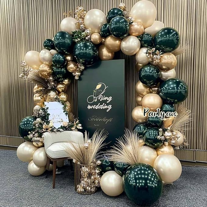Emerald Green Gold Balloon Arch Kit, Double Stuffed Dark Forest Green Pearl White Sand Ivory Balloon Garland for Birthday Wedding Anniversary New Year Valentines Party Decoration