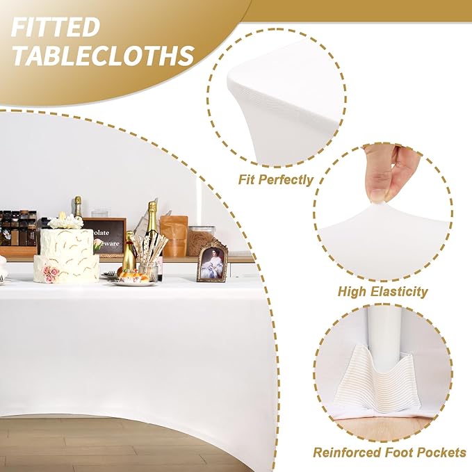 Fixwal 3 Pack Pearl White Table Cloths Rectangle 6FT, Tablecloths Rectangular Stretch Spandex Fitted Table Covers 6Ft for Parties, Trade Shows, Banquet, Weddings, Buffet, Graduation Decorations
