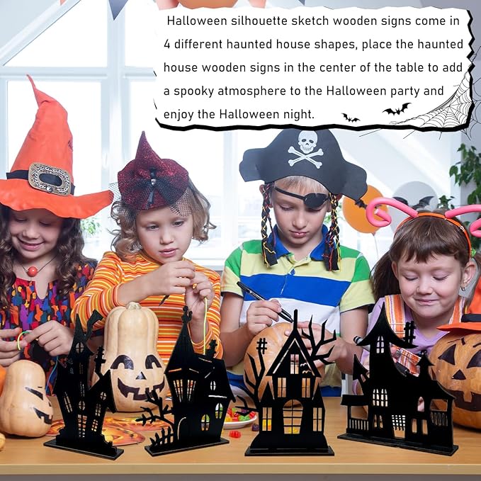 Halloween Decorations Indoor - 4 Pcs Halloween Table Decor Haunted House Black Wooden Sign Silhouette Sketch Ghost House Tabletop Centerpiece for Party Home Decorations
