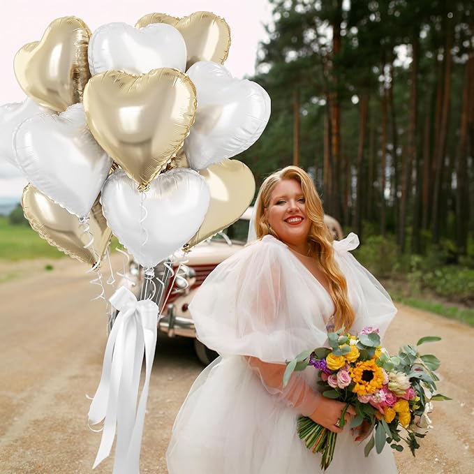 Gold White Foil Heart Balloons, 18 Inch 10 Pcs Pastel Yellow White Foil Heart Shape Balloons Large Light Yellow and White Heart Balloons for Birthday Wedding Graduation Baby Party Valentines