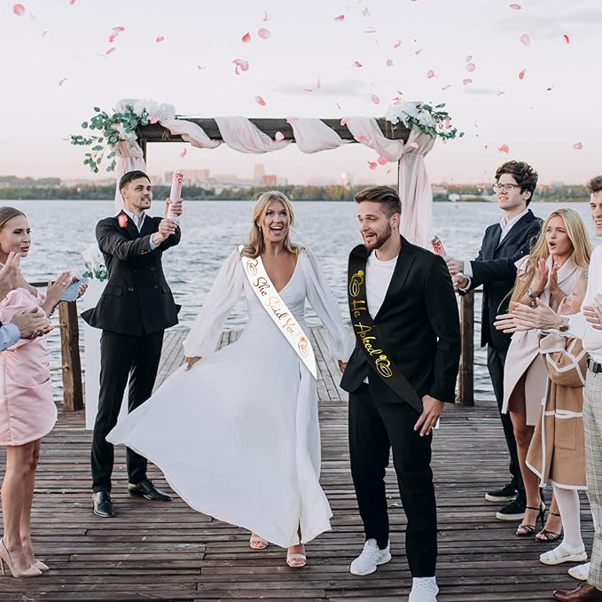 He Asked & She Said Yes Sashes Kit, Funny Rose Gold Bride to Be Sash & Gold Groom to Be Sash for Wedding Engagement Bachelorette Bridal Shower Party Decor Favors Funny Gifts (White and Black)